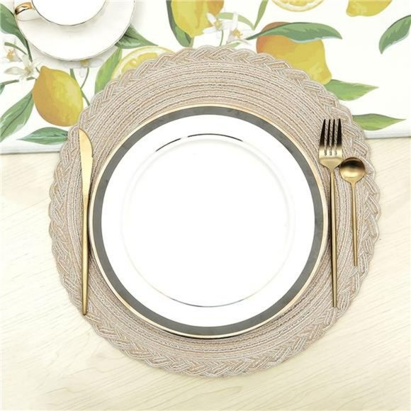 15 Inch Round Cotton Placemats Non Slip Heat Resistant  (6pcs placemats, Beige) - Picture 6 of 6